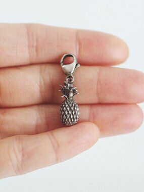Sterling Silver Pineapple Clip On Charm Pendant Vintage Retro Antiqued Oxidized